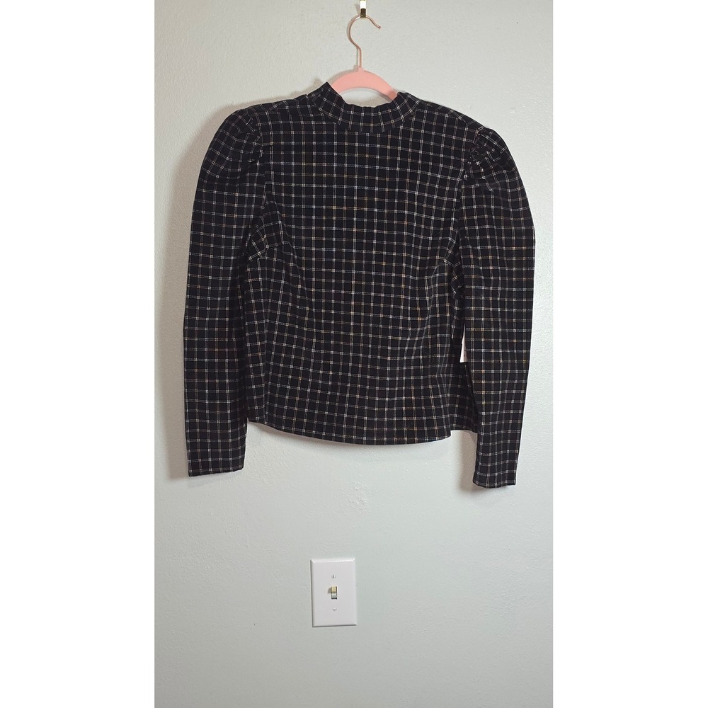 New Plaid Corduroy Puff Sleeve Top Mock Neck Back Tie Blouse Black Large L 12-14